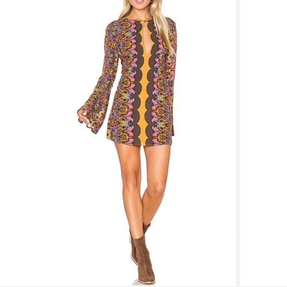 FREE PEOPLE GORGEOUS Multicolor Long Sleeve Women's Boho Top Mini Dress SIZE 4